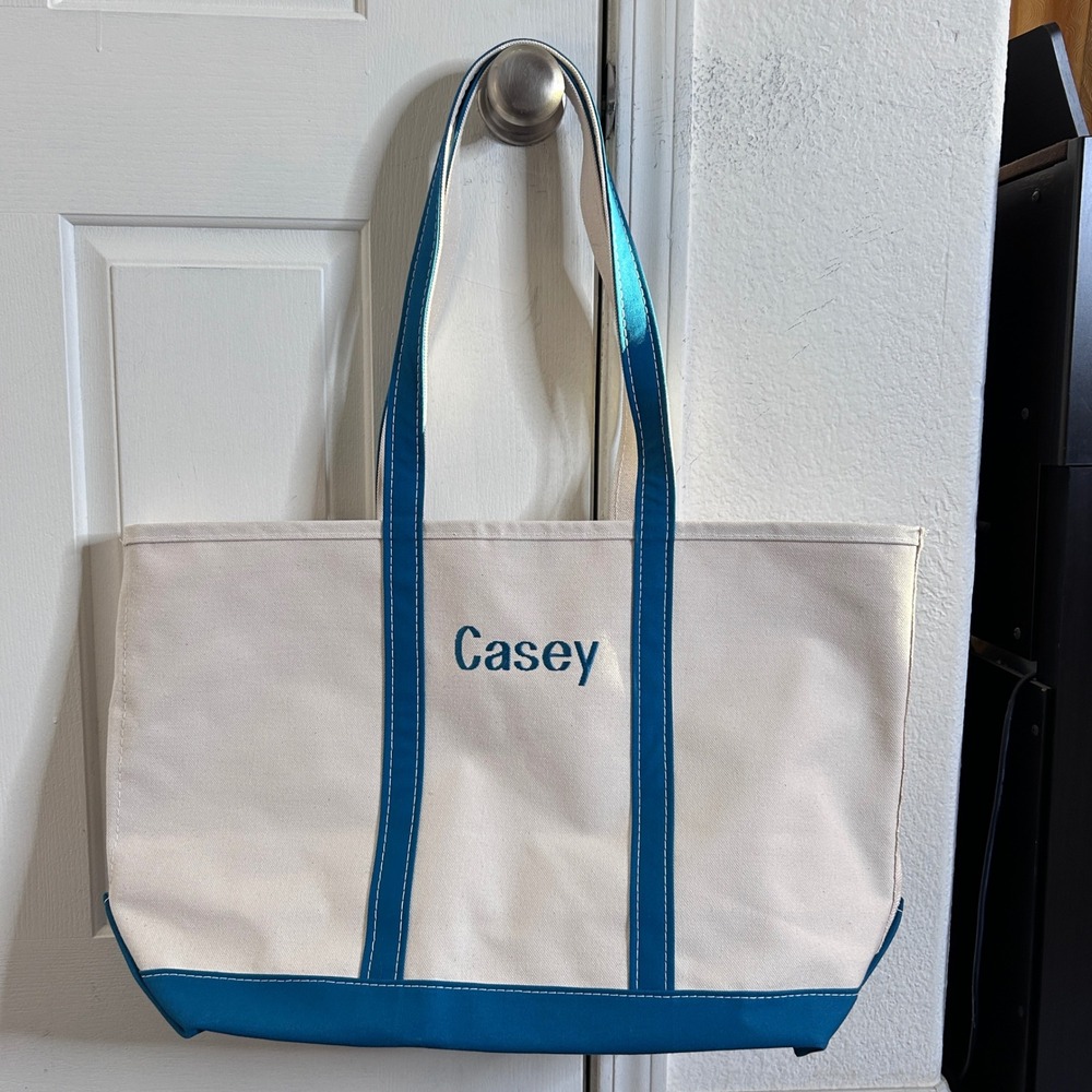 LL Bean Boat and Tote Bag Women Large Blue Cream "Casey" Embroidery USA Mint